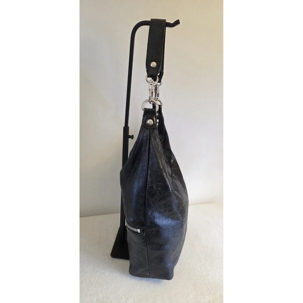 HOBO International Joelle Purse Black Polished Leather Shoulder Bag Silver Hardw